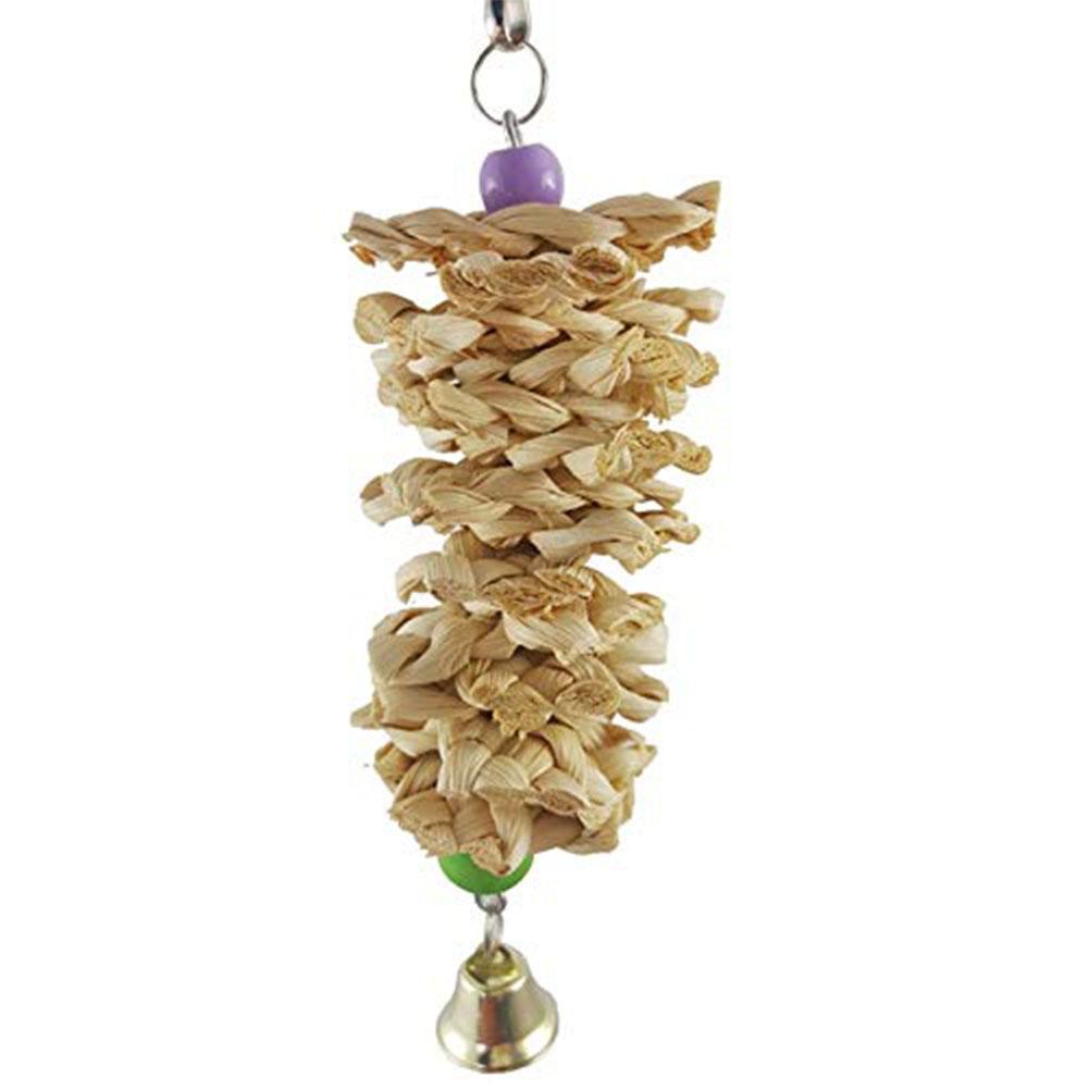 HKM-125203 Natural Wooden Grass Parrot Toy with Bell for Chewing and Entertainment - 18 cm