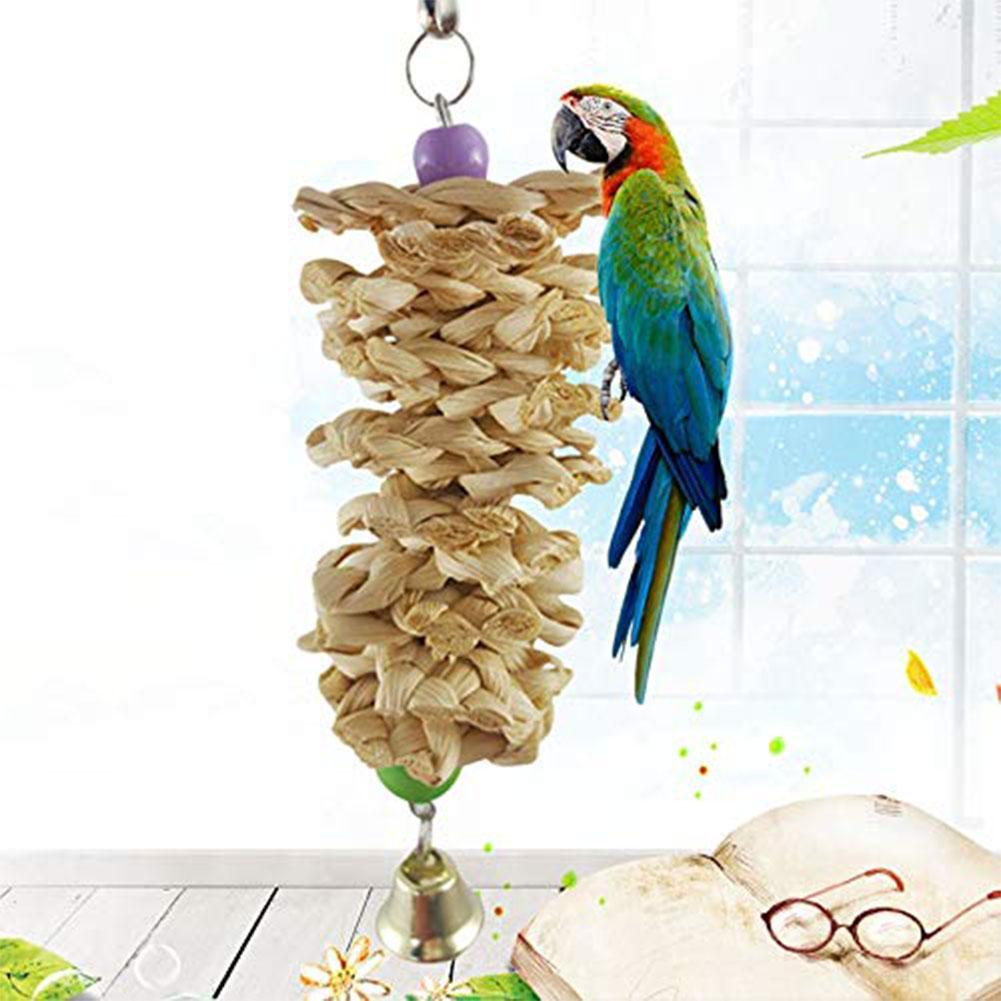 HKM-125203 Natural Wooden Grass Parrot Toy with Bell for Chewing and Entertainment - 18 cm