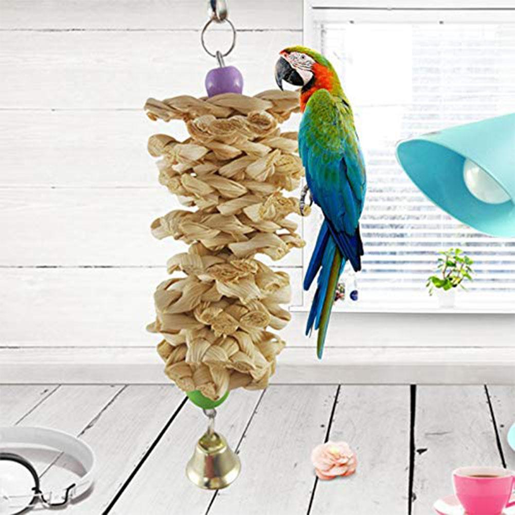 HKM-125203 Natural Wooden Grass Parrot Toy with Bell for Chewing and Entertainment - 18 cm