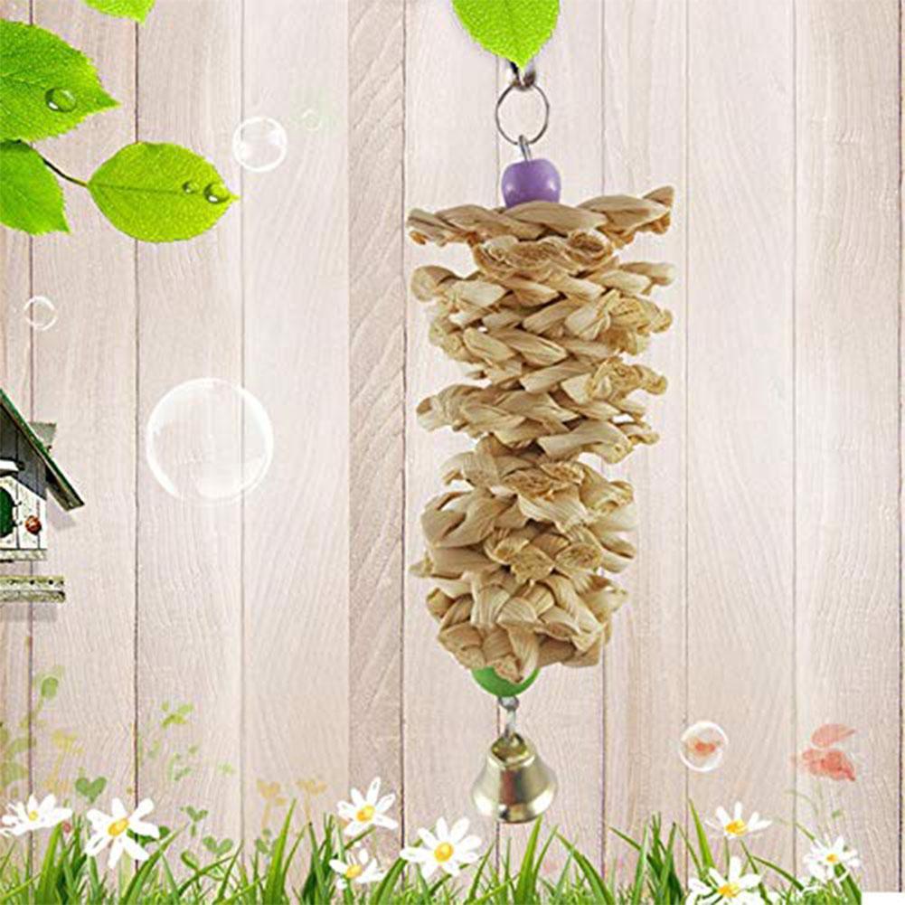 HKM-125203 Natural Wooden Grass Parrot Toy with Bell for Chewing and Entertainment - 18 cm