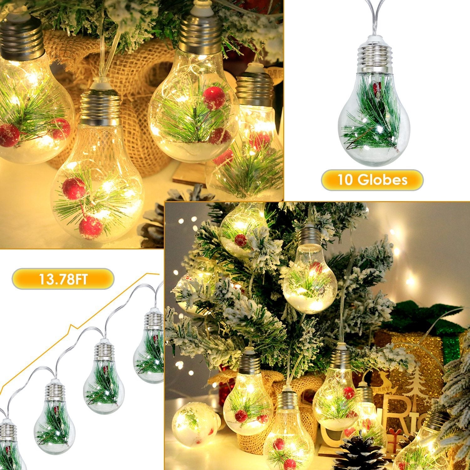 HKM-125395 Christmas Snow Globe String Lights - 13.78FT with 10 LED Bulbs, Battery Powered, Indoor Decorative Lighting