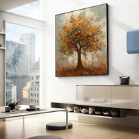 HKM-126355 Modern Orange Autumn Trees Handmade Oil Painting Canvas Art for Home Decor, Square Unframed Wall Decoration