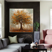 HKM-126355 Modern Orange Autumn Trees Handmade Oil Painting Canvas Art for Home Decor, Square Unframed Wall Decoration