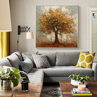 HKM-126355 Modern Orange Autumn Trees Handmade Oil Painting Canvas Art for Home Decor, Square Unframed Wall Decoration