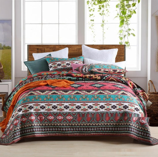 HKM-126419 Brushed Fabric Quilted Bed Cover Set - Striped Polyester Cotton, 220x240cm