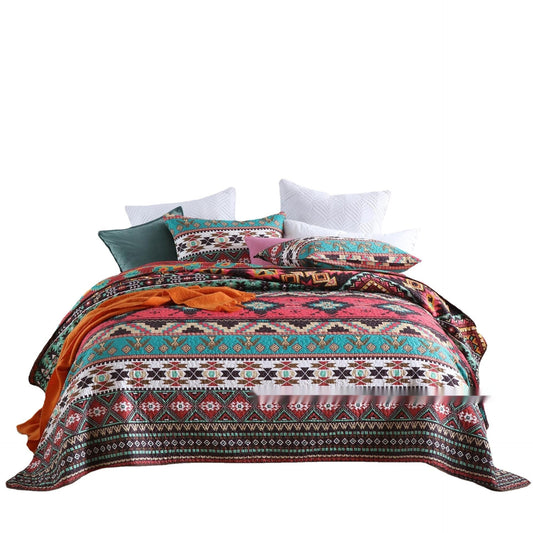 HKM-126419 Brushed Fabric Quilted Bed Cover Set - Striped Polyester Cotton, 220x240cm