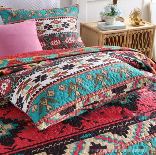 HKM-126419 Brushed Fabric Quilted Bed Cover Set - Striped Polyester Cotton, 220x240cm