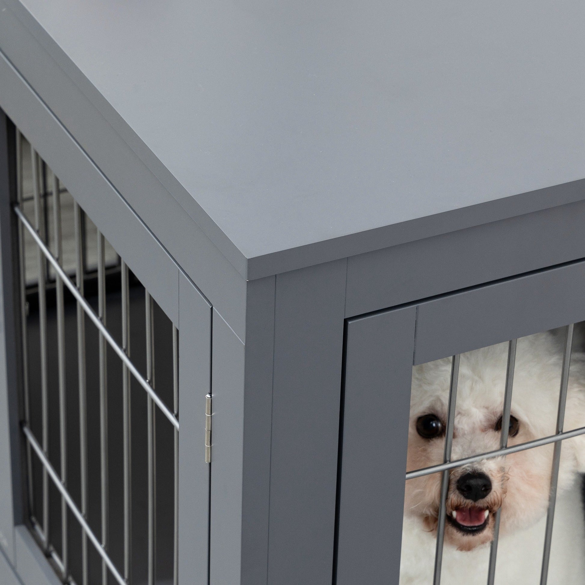 HKM-126419 Indoor Metal Dog Cage with Double Doors and Wooden Top, Grey - Space-Saving Design for Small to Medium Dogs