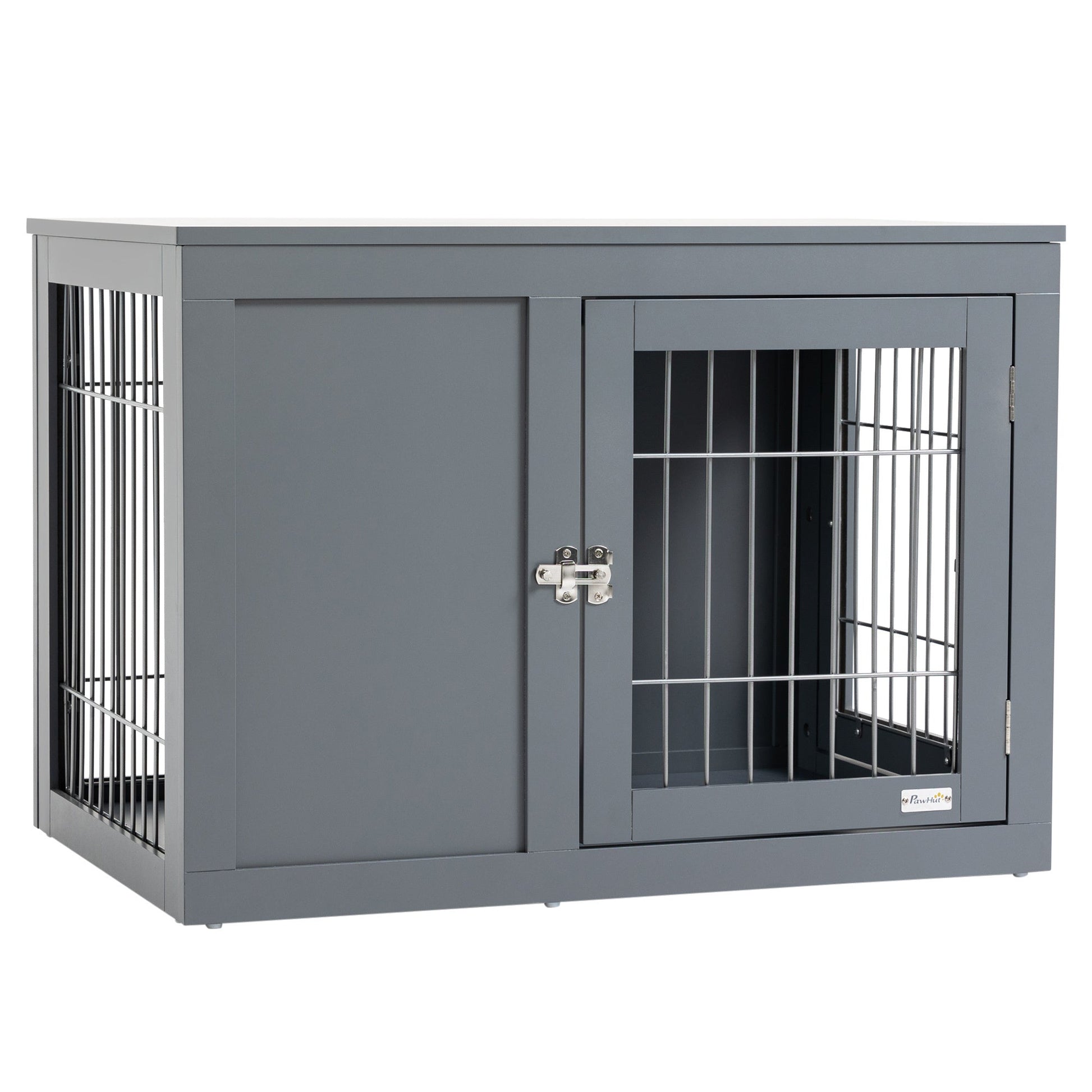 HKM-126419 Indoor Metal Dog Cage with Double Doors and Wooden Top, Grey - Space-Saving Design for Small to Medium Dogs