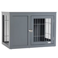 HKM-126419 Indoor Metal Dog Cage with Double Doors and Wooden Top, Grey - Space-Saving Design for Small to Medium Dogs