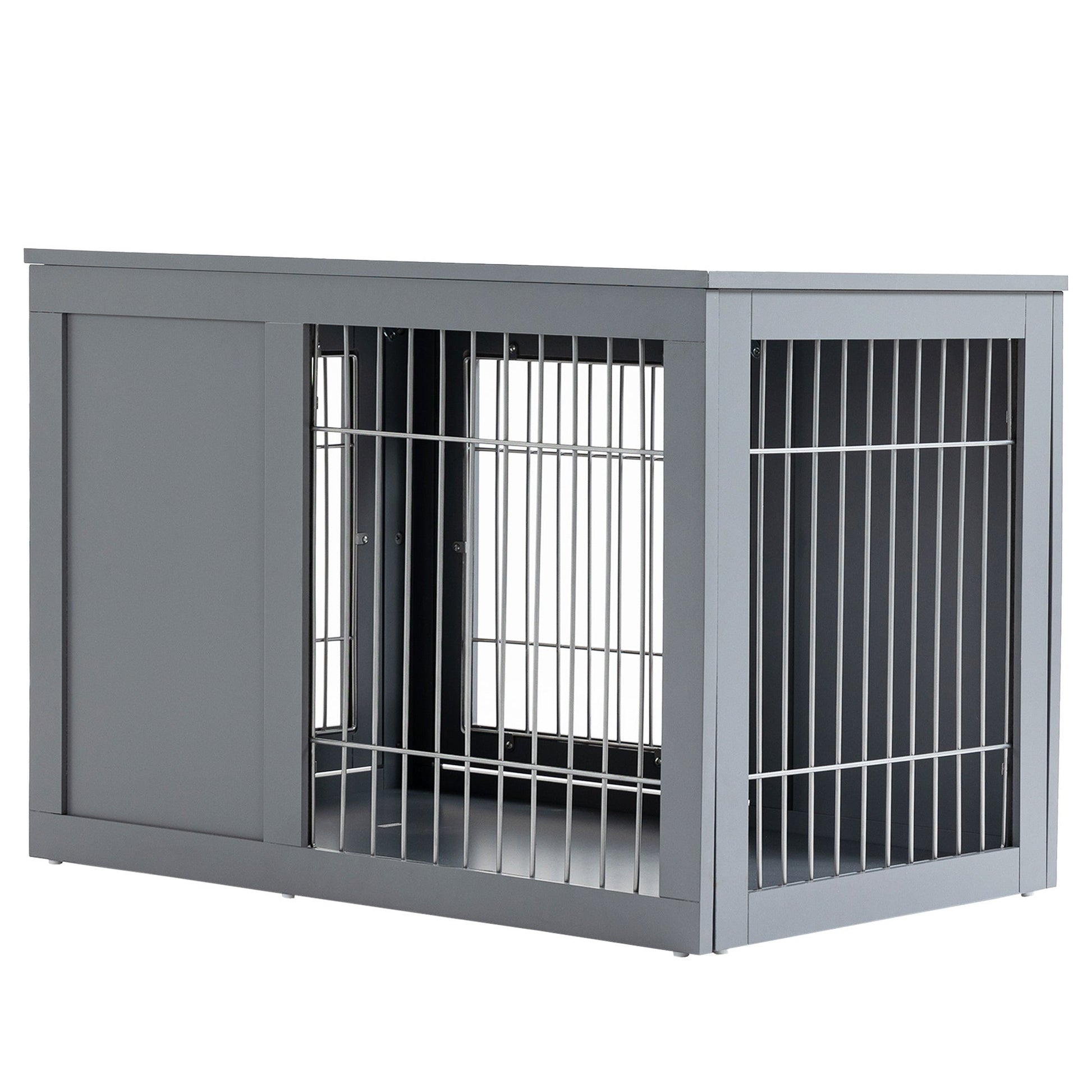 HKM-126419 Indoor Metal Dog Cage with Double Doors and Wooden Top, Grey - Space-Saving Design for Small to Medium Dogs