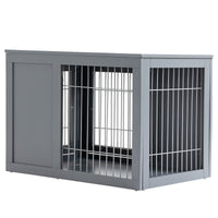 HKM-126419 Indoor Metal Dog Cage with Double Doors and Wooden Top, Grey - Space-Saving Design for Small to Medium Dogs