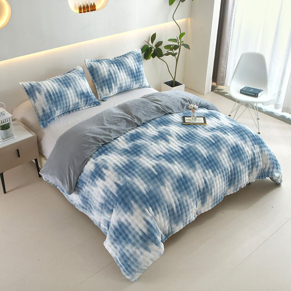 HKM-126419 Reversible Faux Rabbit Fur Duvet Cover Set in Camo & Gradient Boho Design, Ultra Soft and Hypoallergenic