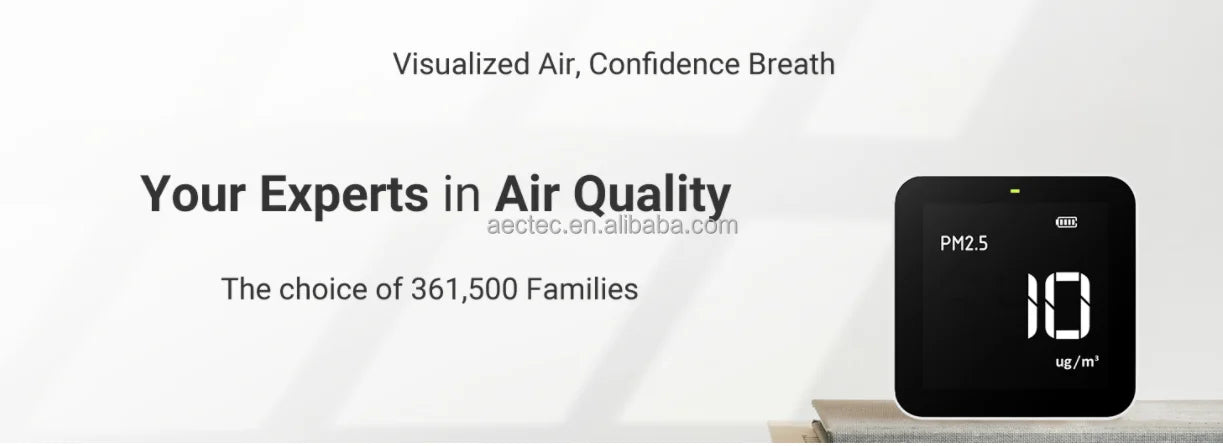 KTX-126611 Indoor Air Quality Monitor - AEC M10 PM2.5, AQI, HCHO & TVOC Detector, USB Rechargeable with LCD Display and 3 LEDs