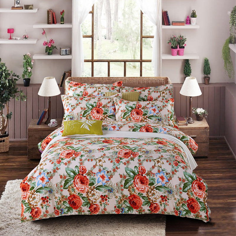 HKM-126739 Thickened Brushed Polyester-Cotton Blend Bedding Set - Art Big Flower Series, 4-Piece Design