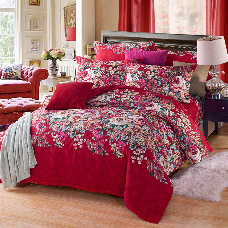 HKM-126739 Thickened Brushed Polyester-Cotton Blend Bedding Set - Art Big Flower Series, 4-Piece Design