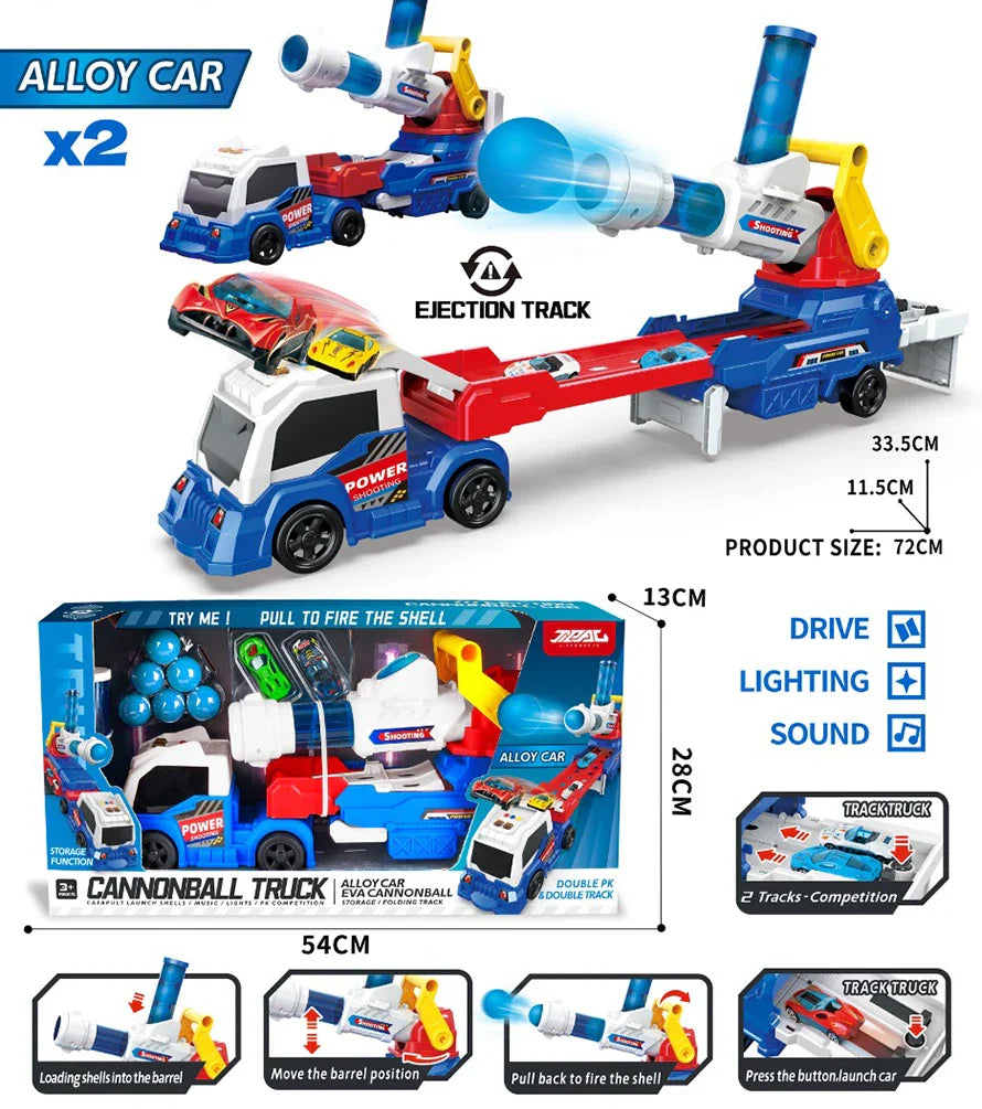HKM-127059 2 in 1 Soft Ball Shooting Truck Toy with Mini Racing Cars for Kids Ages 2-13