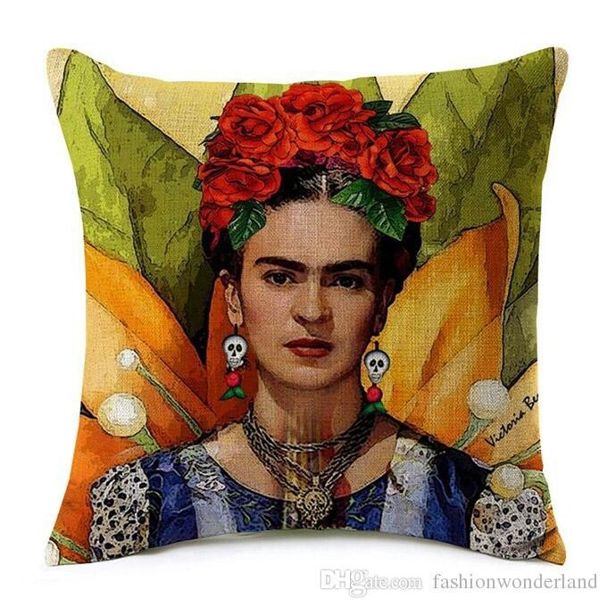 HKM-127379 Frida Kahlo Inspired Digital Print Linen Pillow Cover - 45x45cm