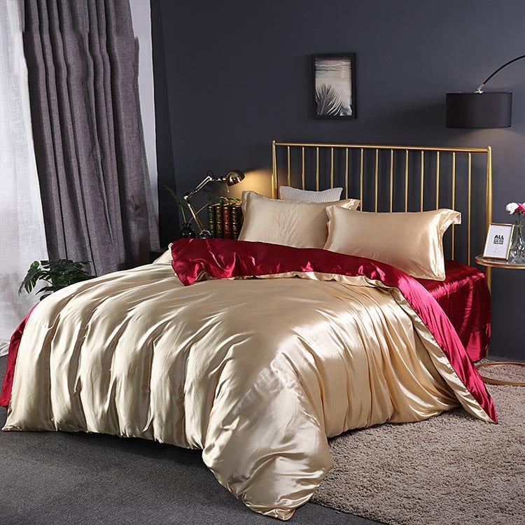 HKM-127571 Silky Double-Sided Ice Silk Washed Silk Four-Piece Bedding Set with Elegant Design