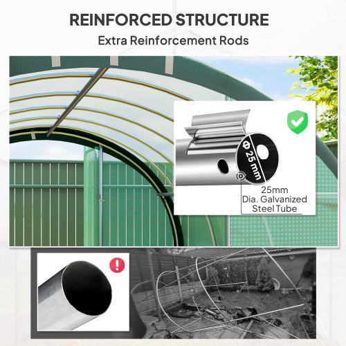 HKM-127571 Spacious Green Polytunnel Greenhouse with Windows and Doors, 3 x 2m, Stainless Steel Frame