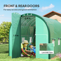 HKM-127571 Spacious Green Polytunnel Greenhouse with Windows and Doors, 3 x 2m, Stainless Steel Frame