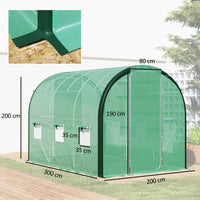 HKM-127571 Spacious Green Polytunnel Greenhouse with Windows and Doors, 3 x 2m, Stainless Steel Frame