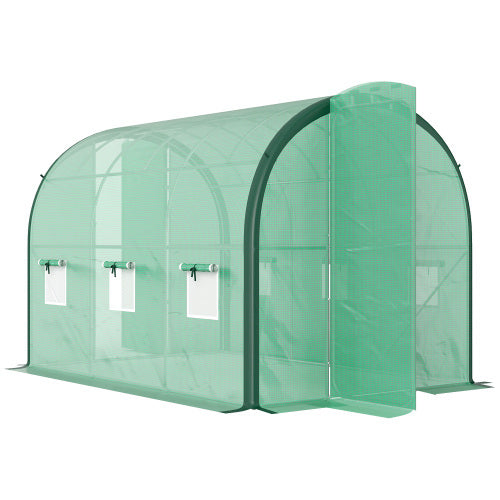 HKM-127571 Spacious Green Polytunnel Greenhouse with Windows and Doors, 3 x 2m, Stainless Steel Frame