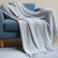 HKM-127891 Cozy Knitted Nordic Blanket with Tassels - Stripes & Patterns, 127x180CM