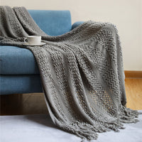 HKM-127891 Cozy Knitted Nordic Blanket with Tassels - Stripes & Patterns, 127x180CM