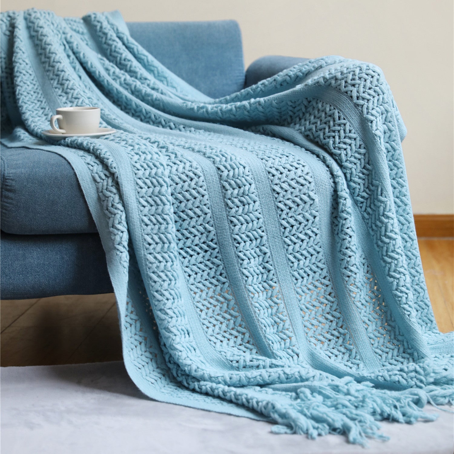 HKM-127891 Cozy Knitted Nordic Blanket with Tassels - Stripes & Patterns, 127x180CM
