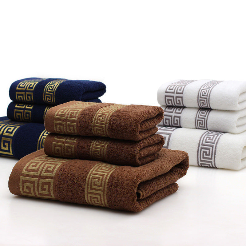 HKM-128147 Three-Piece Luxury Cotton Towel Gift Set in White, Dark Blue, and Brown