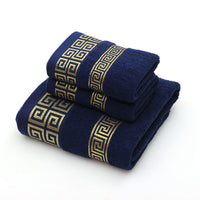 HKM-128147 Three-Piece Luxury Cotton Towel Gift Set in White, Dark Blue, and Brown