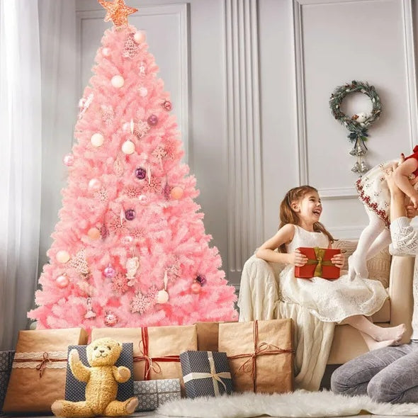 HKM-130323 7.5 Feet Pink Hinged Artificial Christmas Tree with 1258 Branch Tips
