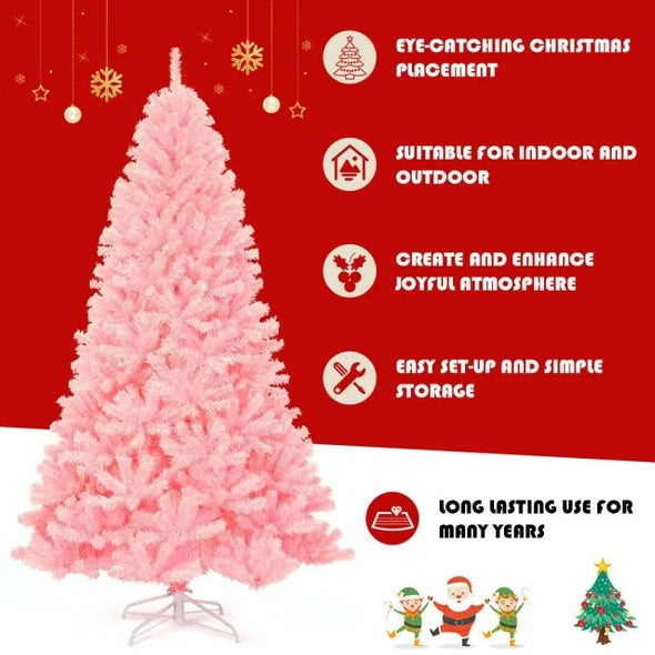 HKM-130323 7.5 Feet Pink Hinged Artificial Christmas Tree with 1258 Branch Tips