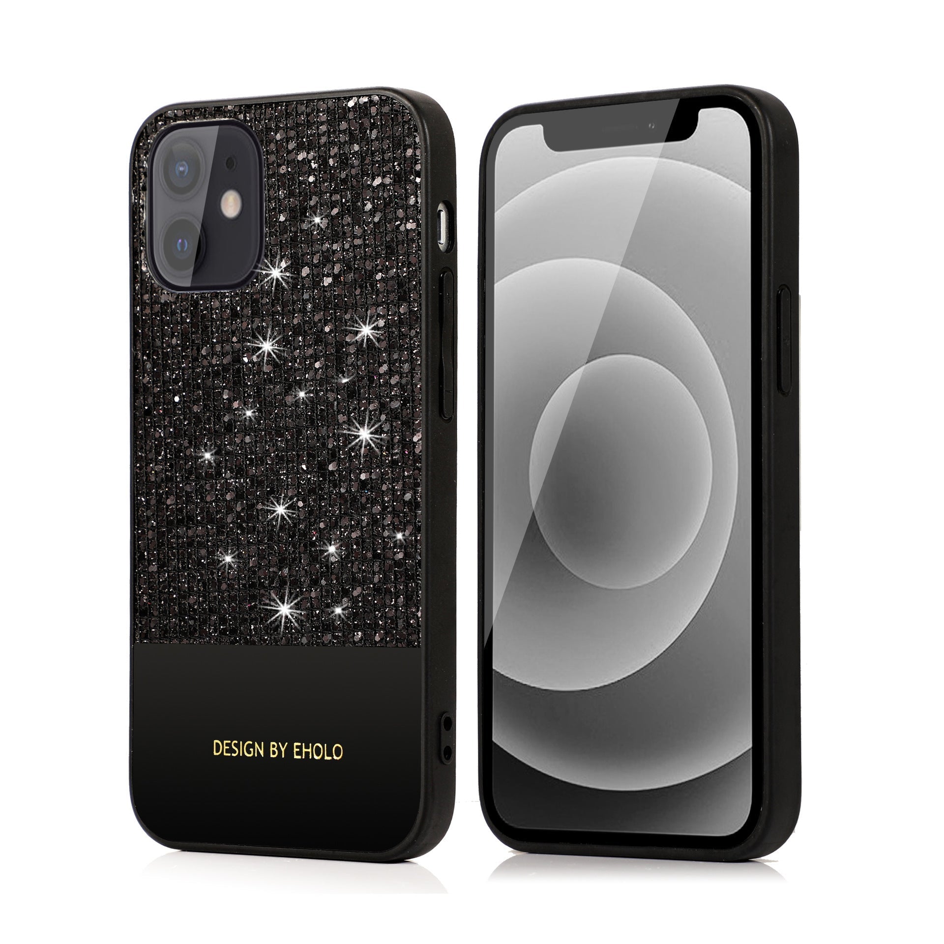 HKM-130963 Fashionable TPU and Leather Back Cover Case for iPhone 12, 12 Mini, 12 Pro Max with Flash Powder Design
