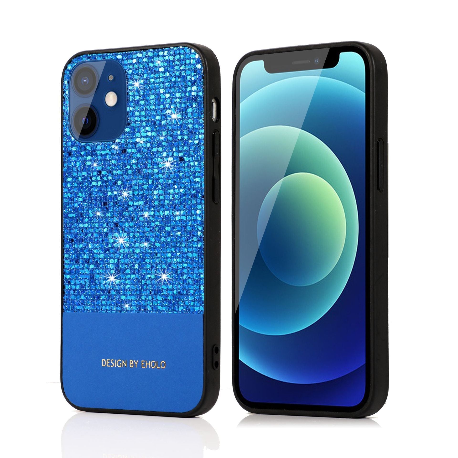 HKM-130963 Fashionable TPU and Leather Back Cover Case for iPhone 12, 12 Mini, 12 Pro Max with Flash Powder Design