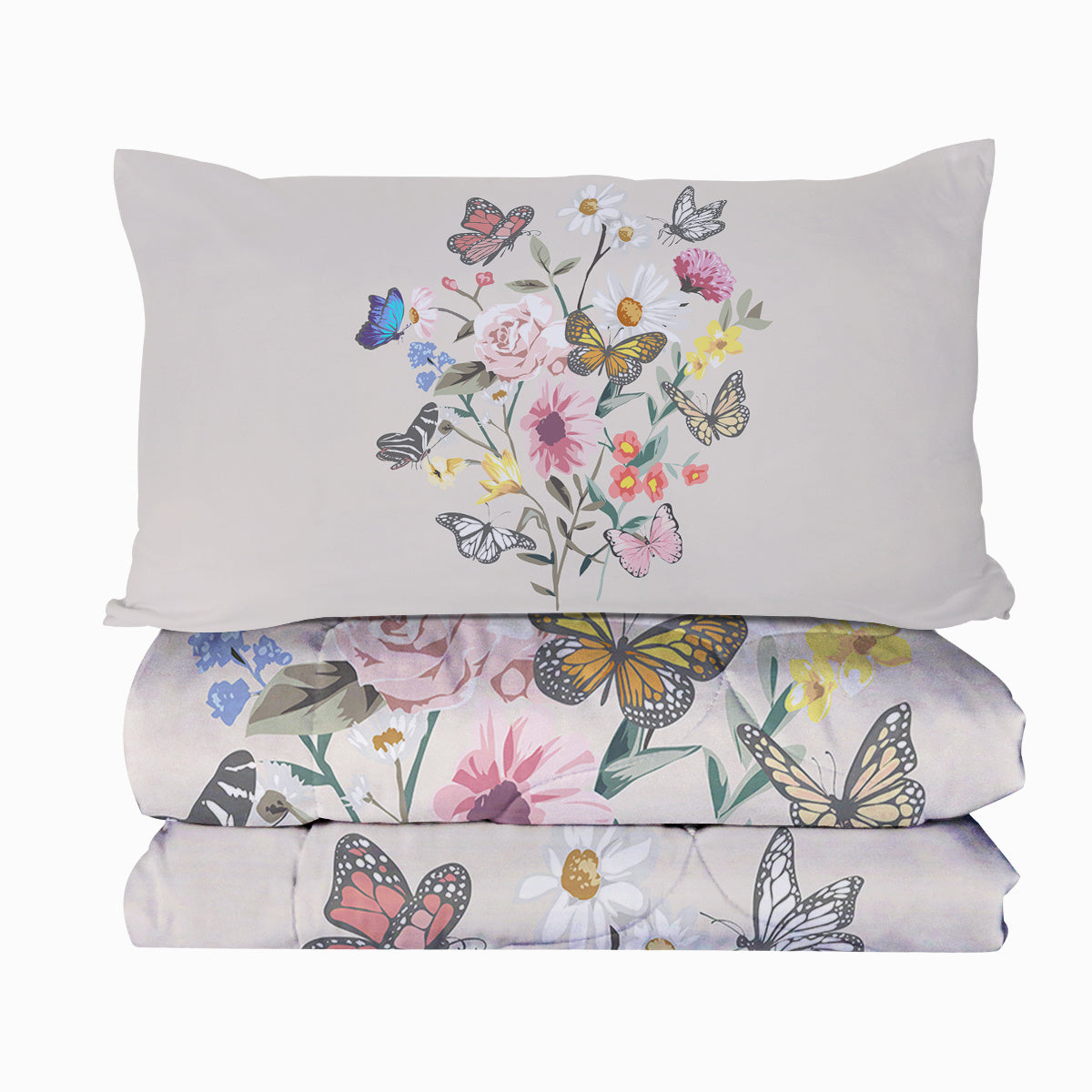 HKM-131027 Light Pink Butterfly Flower Comforter Set for Twin Beds with Soft Comforter and 2 Pillow Shams