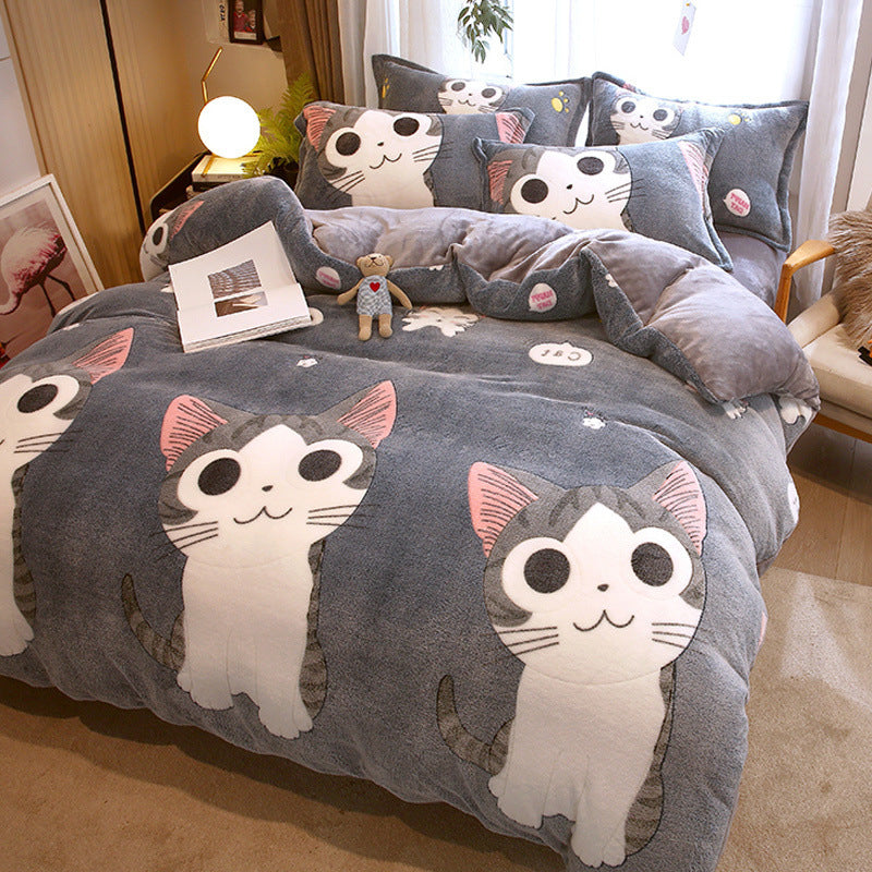 HKM-131347 Milk Velvet Cartoon Duvet Set - Double Sided Cover with Pillowcases, Assorted Designs