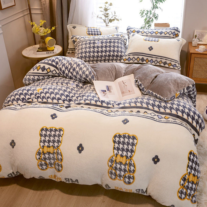 HKM-131347 Milk Velvet Cartoon Duvet Set - Double Sided Cover with Pillowcases, Assorted Designs