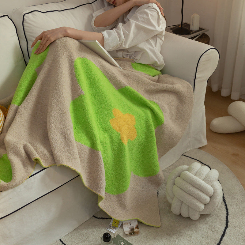 HKM-131347 Sunflower Class A Fleece Sofa Blanket - Beige Green, Dark Green, Purple, Fluorescent Green, 130x170 cm