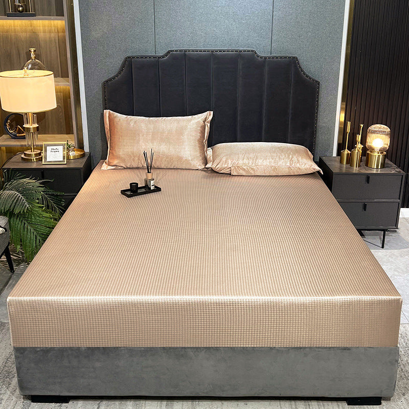 HKM-131795 Houndstooth Ice Silk Jacquard Fitted Three-Piece Bed Sheet Set in Various Colors and Sizes