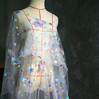 HKM-131859 Starry Sky-Inspired White Sequin Embroidery Mesh Fabric - 145cm Wide, 100% Polyester