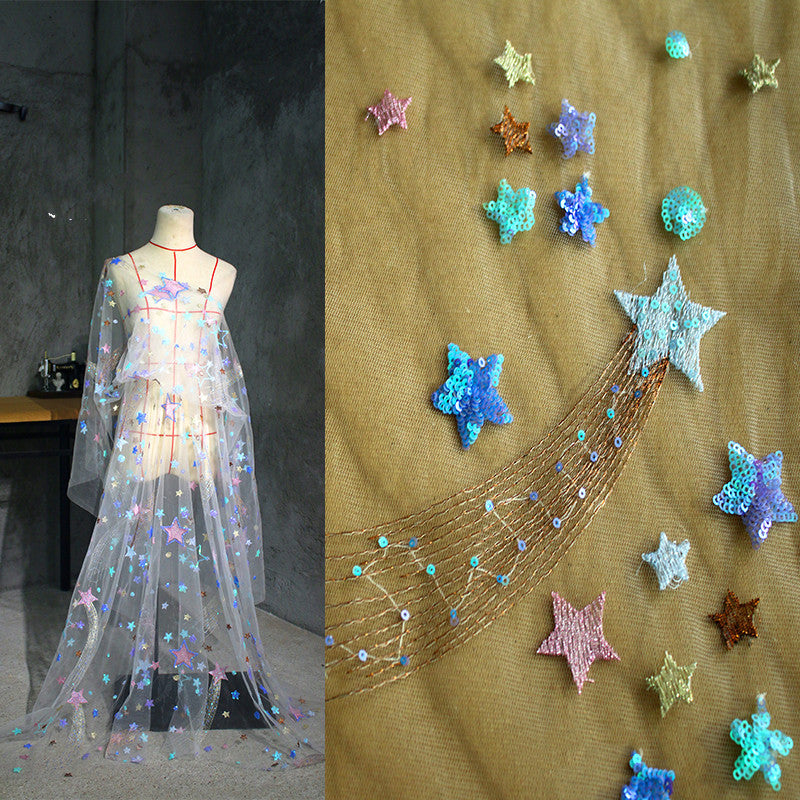 HKM-131859 Starry Sky-Inspired White Sequin Embroidery Mesh Fabric - 145cm Wide, 100% Polyester