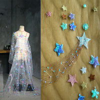 HKM-131859 Starry Sky-Inspired White Sequin Embroidery Mesh Fabric - 145cm Wide, 100% Polyester