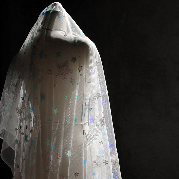 HKM-131859 Starry Sky-Inspired White Sequin Embroidery Mesh Fabric - 145cm Wide, 100% Polyester