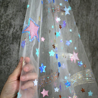 HKM-131859 Starry Sky-Inspired White Sequin Embroidery Mesh Fabric - 145cm Wide, 100% Polyester