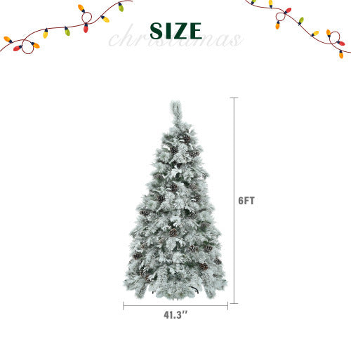 HKM-132307 6FT Snow Flocked Christmas Tree with Pine Cones, 403 Branch Tips, 250 LED Lights, 11 Flashing Modes, Holiday Decor