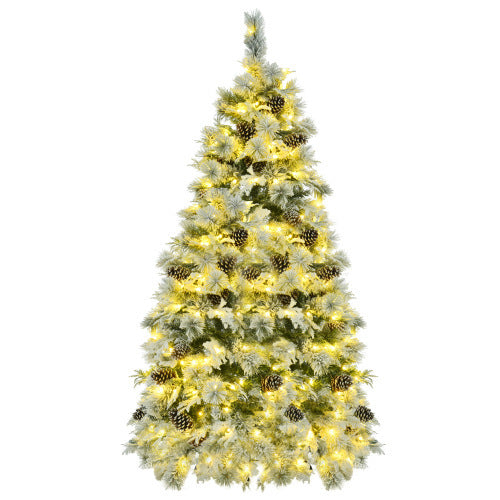HKM-132307 6FT Snow Flocked Christmas Tree with Pine Cones, 403 Branch Tips, 250 LED Lights, 11 Flashing Modes, Holiday Decor