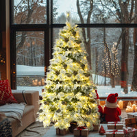 HKM-132307 6FT Snow Flocked Christmas Tree with Pine Cones, 403 Branch Tips, 250 LED Lights, 11 Flashing Modes, Holiday Decor