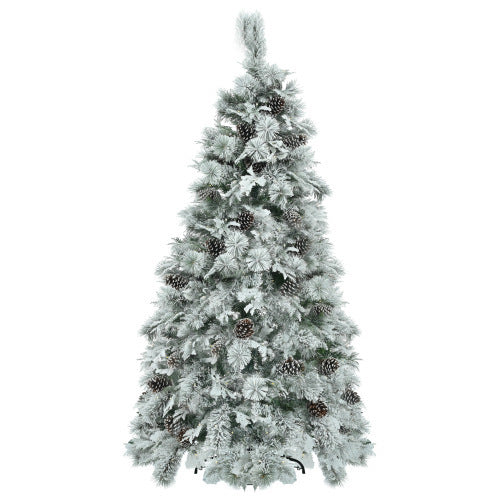 HKM-132307 6FT Snow Flocked Christmas Tree with Pine Cones, 403 Branch Tips, 250 LED Lights, 11 Flashing Modes, Holiday Decor